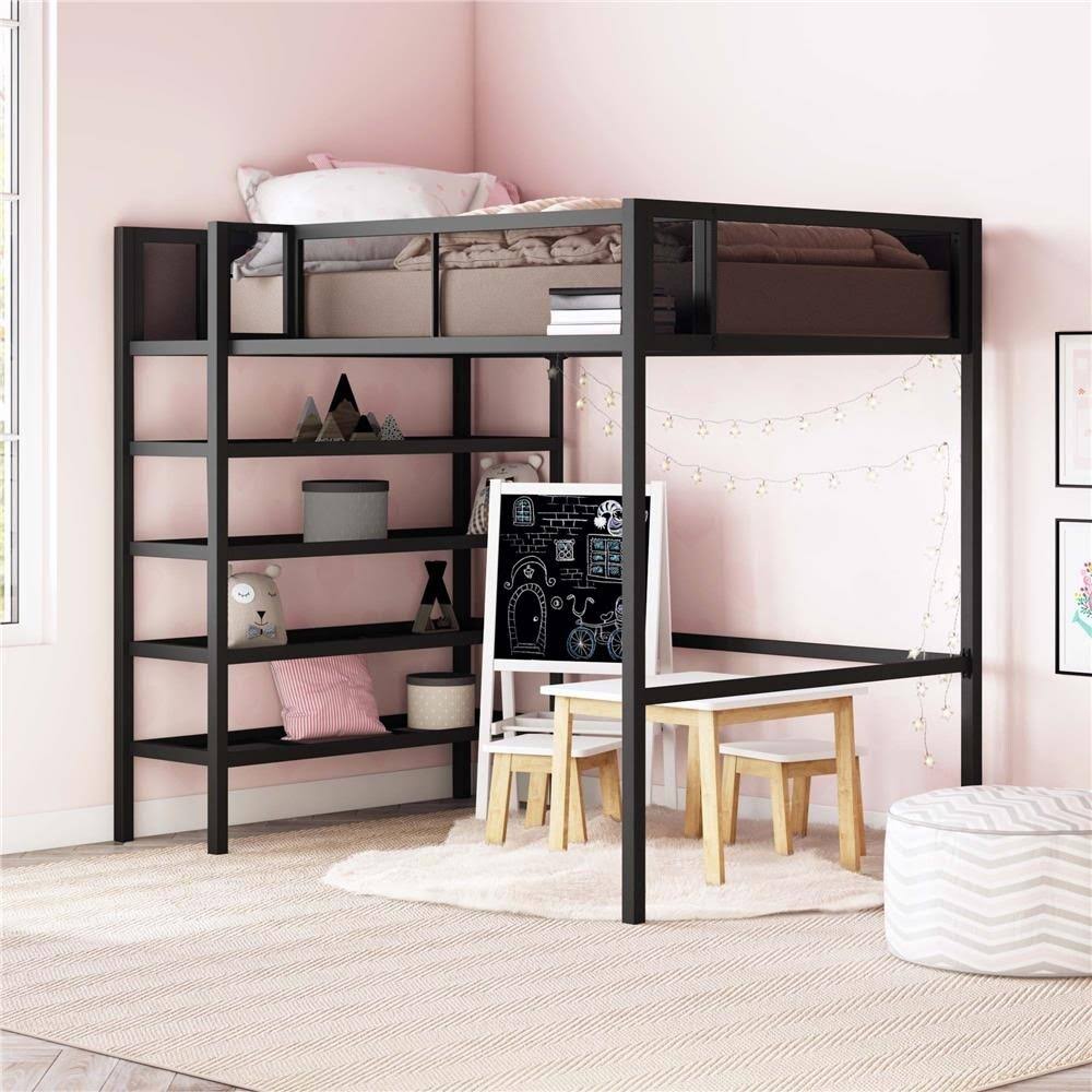 Black Metal Twin Storage Loft with Bookcase Q9259