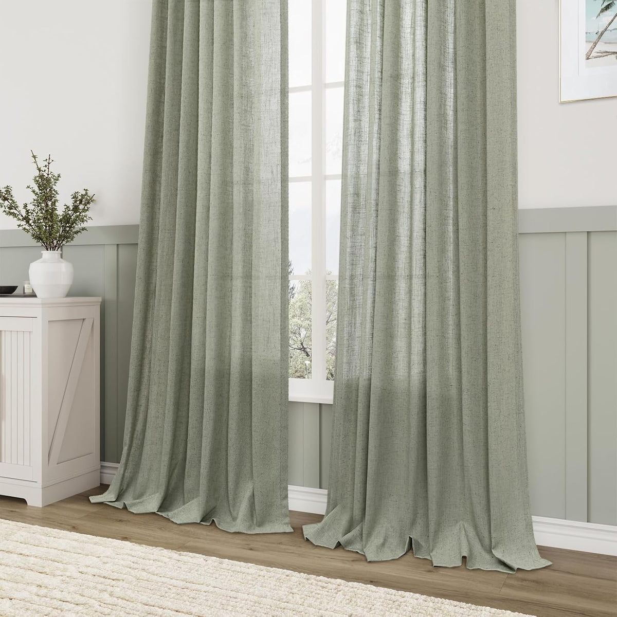 Sage Green Semi Sheer Linen Curtains 84 Inch Length 2 Panels Set Back Pocket 52x84 C6257