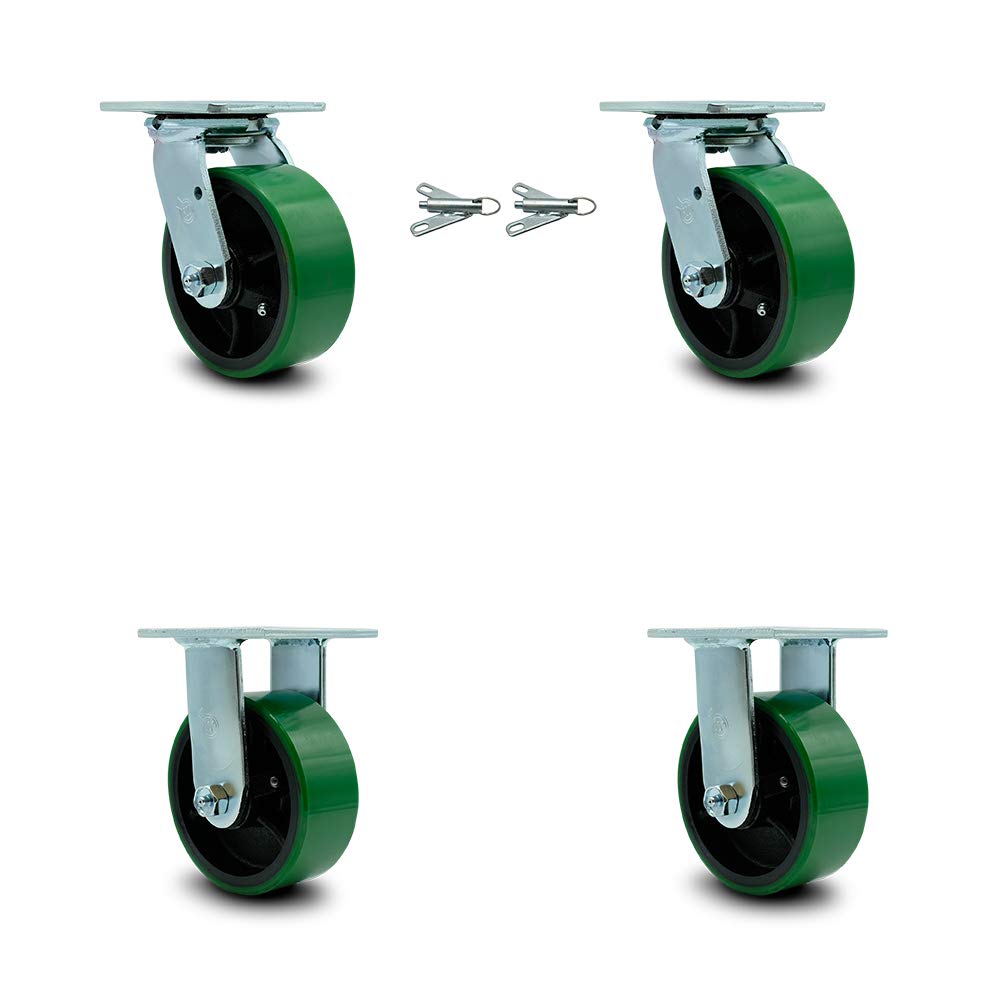Polyurethane Cast Iron Swivel Caster with 8 x 2 Green Wheel and Brake, Pack of 2 I5738