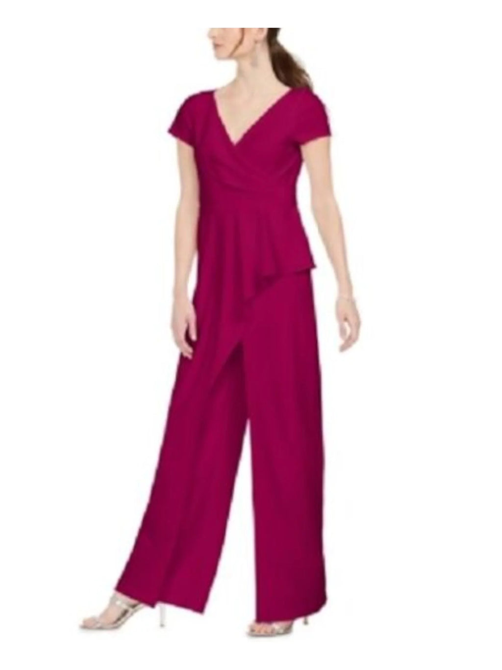 Pink Cap Sleeve V Neck Wide Leg Jumpsuit W940565