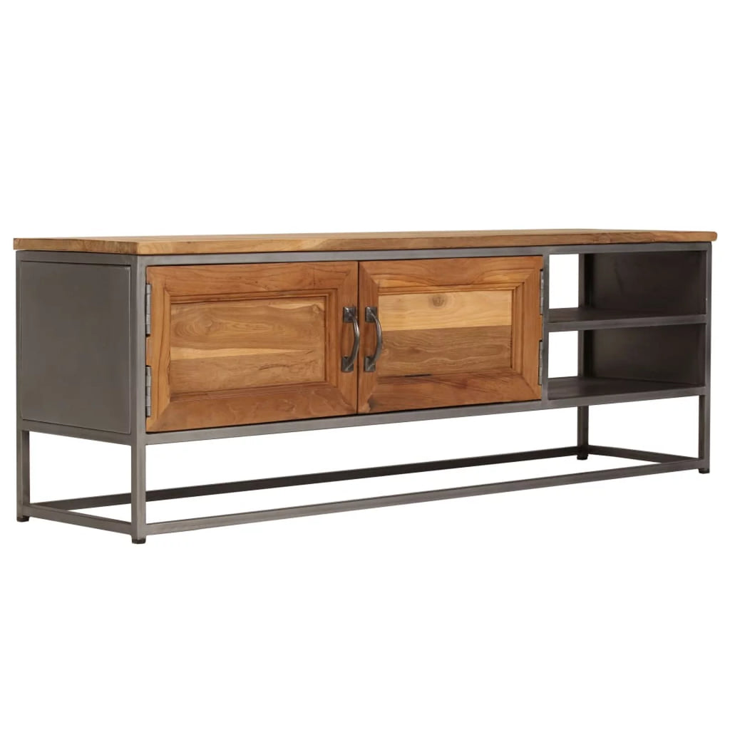 Teak Wood TV Stand with Storage Cabinet and Shelves Steel Frame F253790