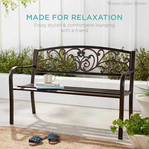 Black Steel Outdoor Bench with Floral Backrest M2841