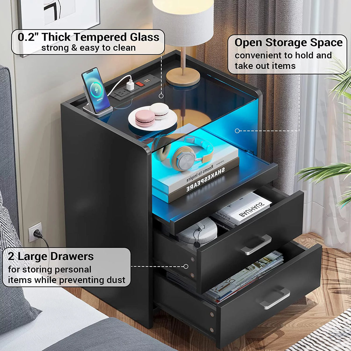 Black 2 Drawer Nightstand with Charging Station and LED Light V8945