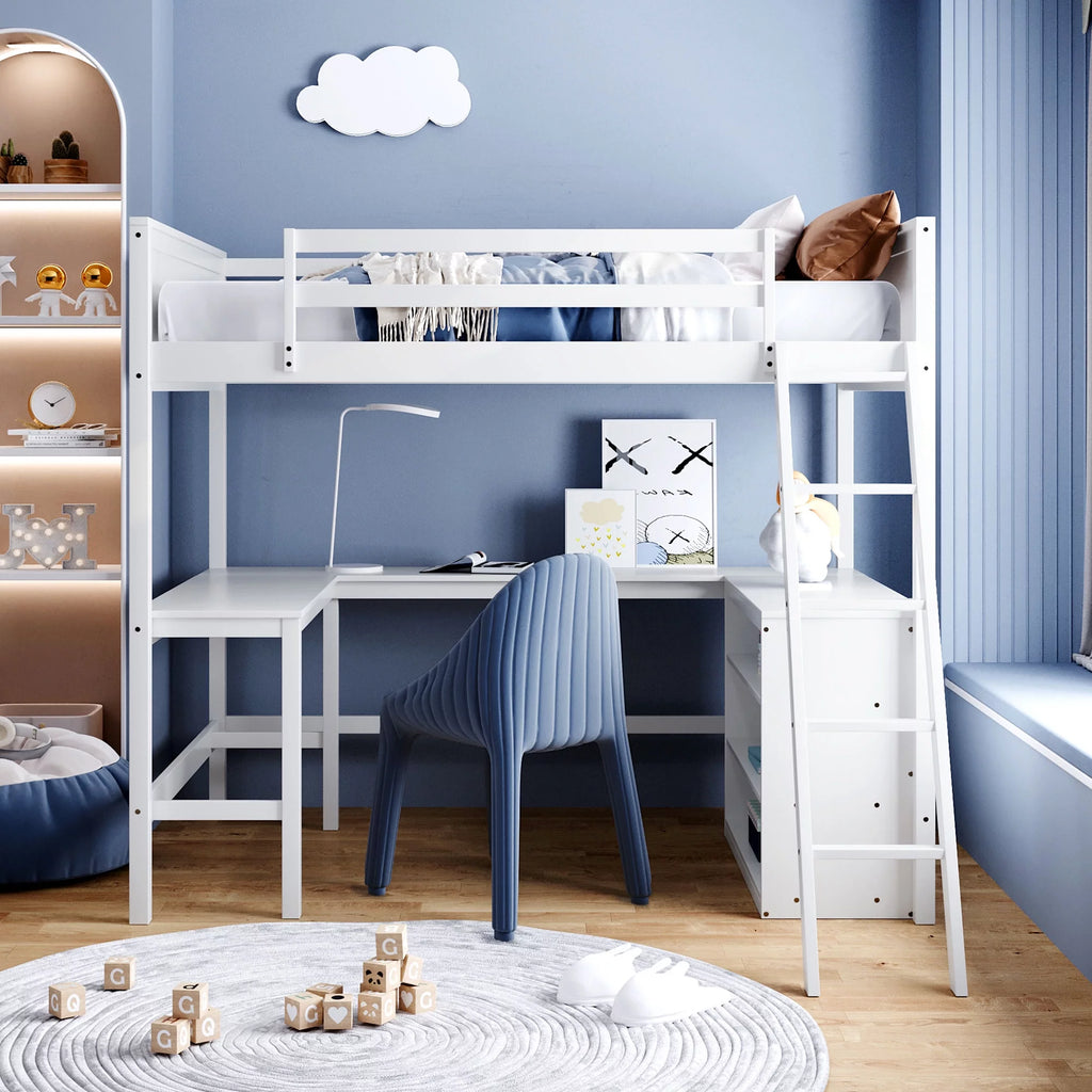 Full Size White Wooden Loft Bed with Shelves and Desk M634