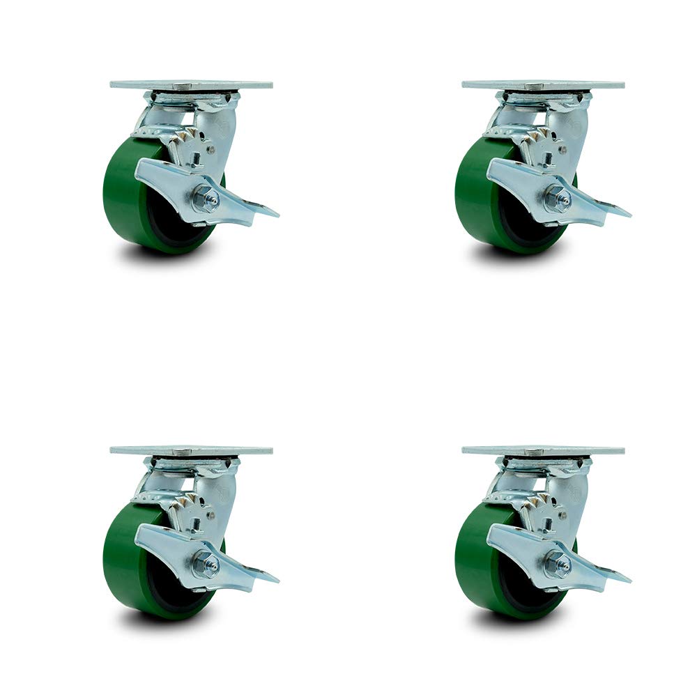 Polyurethane Cast Iron Swivel Caster with 8 x 2 Green Wheel and Brake, Pack of 2 I5738