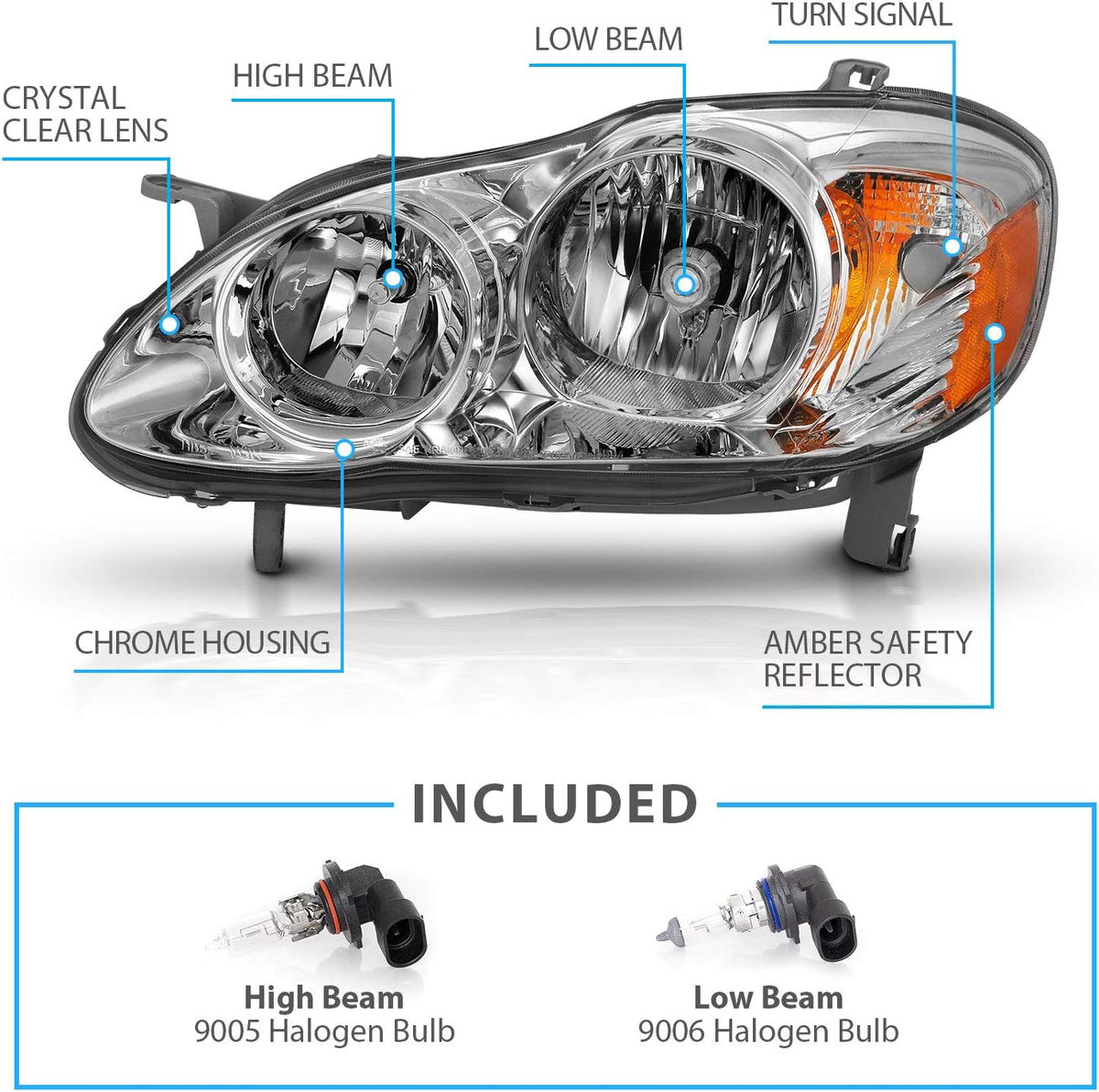 Chrome Replacement Headlights Assembly For 2003-2008 Toyota Corolla (Pair) X619479
