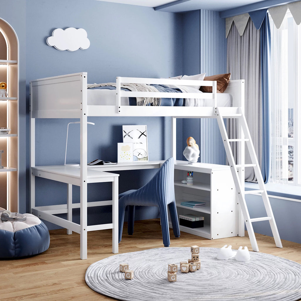 Full Size White Wooden Loft Bed with Shelves and Desk M634