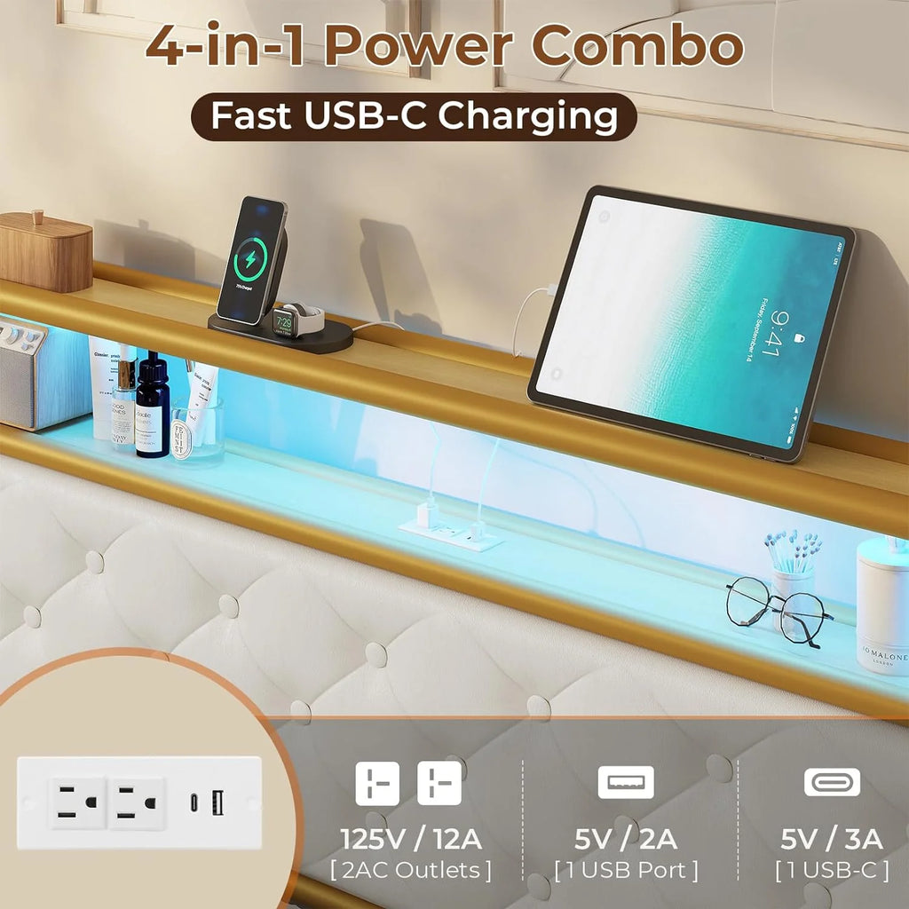 King Bed Frame with Storage Headboard and USB-C Charging Station N133835