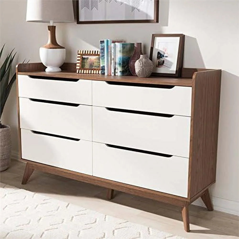 White and Walnut 6 Drawer Wood Dresser W924999