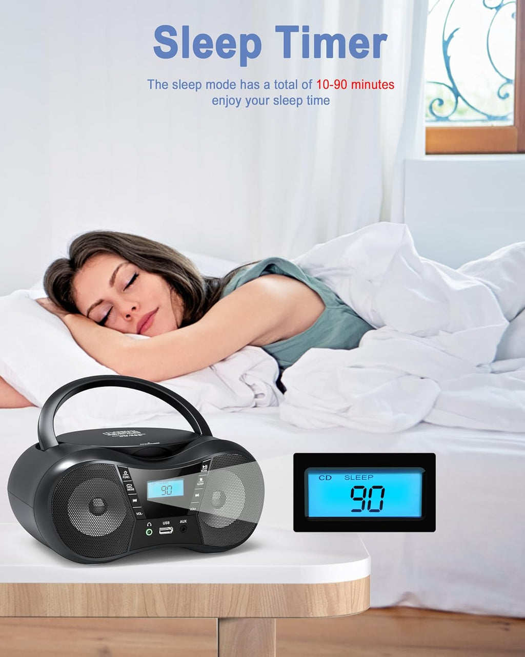 Portable CD Player Boombox with FM Radio, Bluetooth, LCD Display, USB/AUX Input, AC/Battery Powered N15896