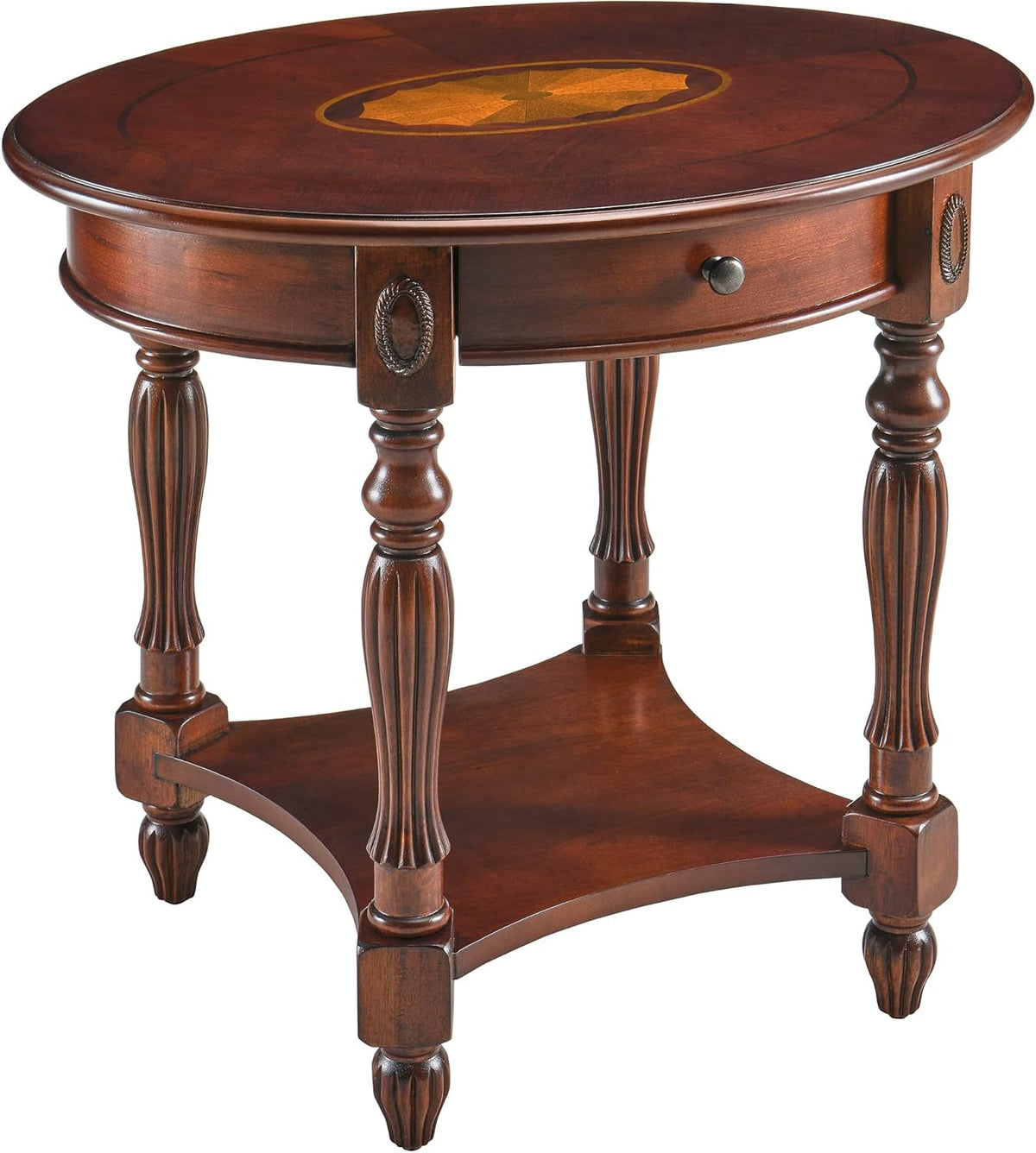 Walnut Solid Wood Oval Side Table with Tempered Glass Shelf E1125