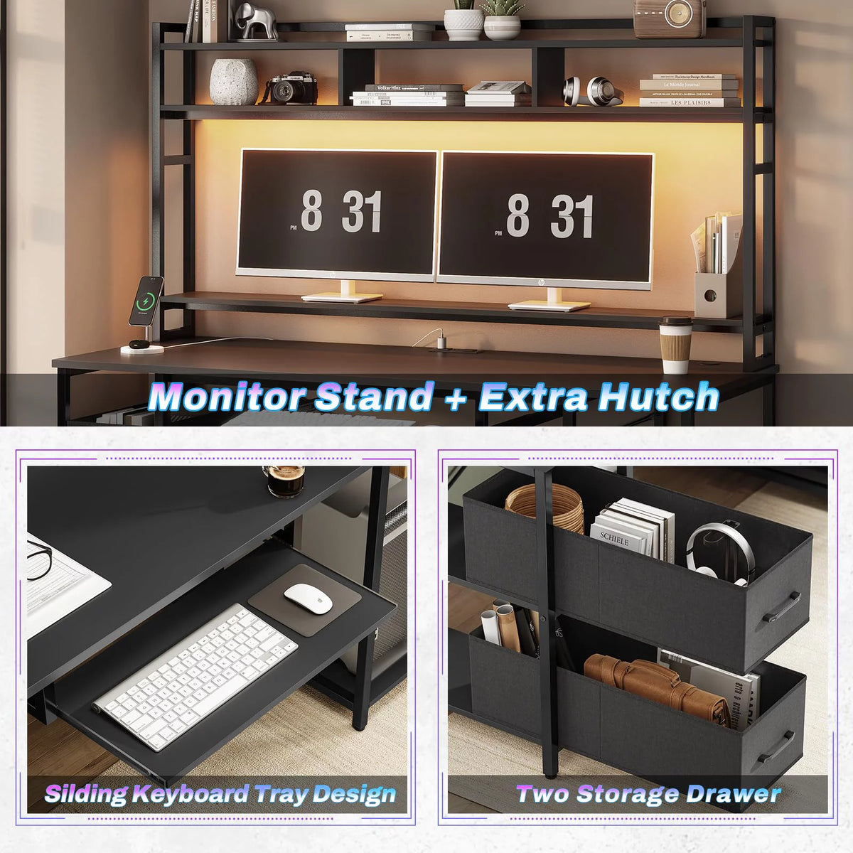 Black 55 inches Computer Gaming Desk with Bookshelf and 2 Drawers C9260