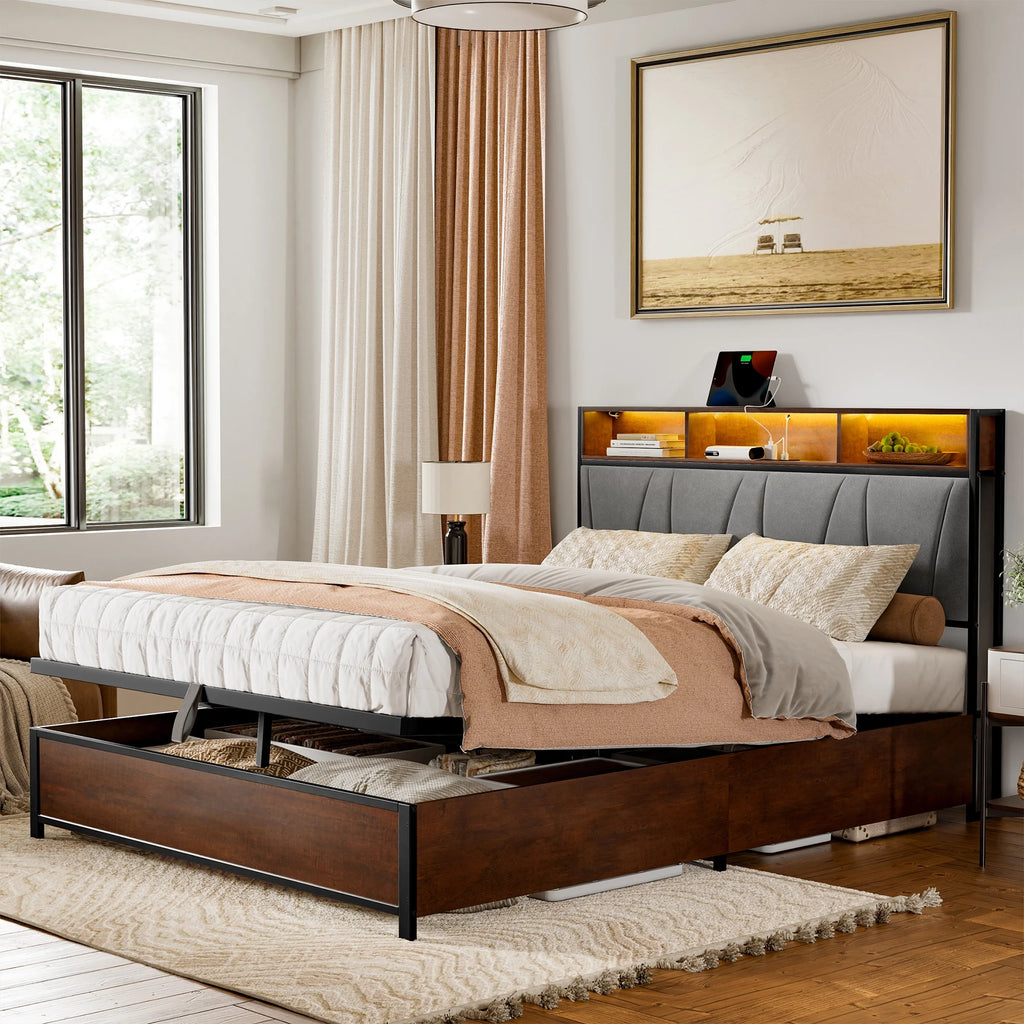 Full Size Lift Up Storage Platform Bed with Wingback Headboard Q4385