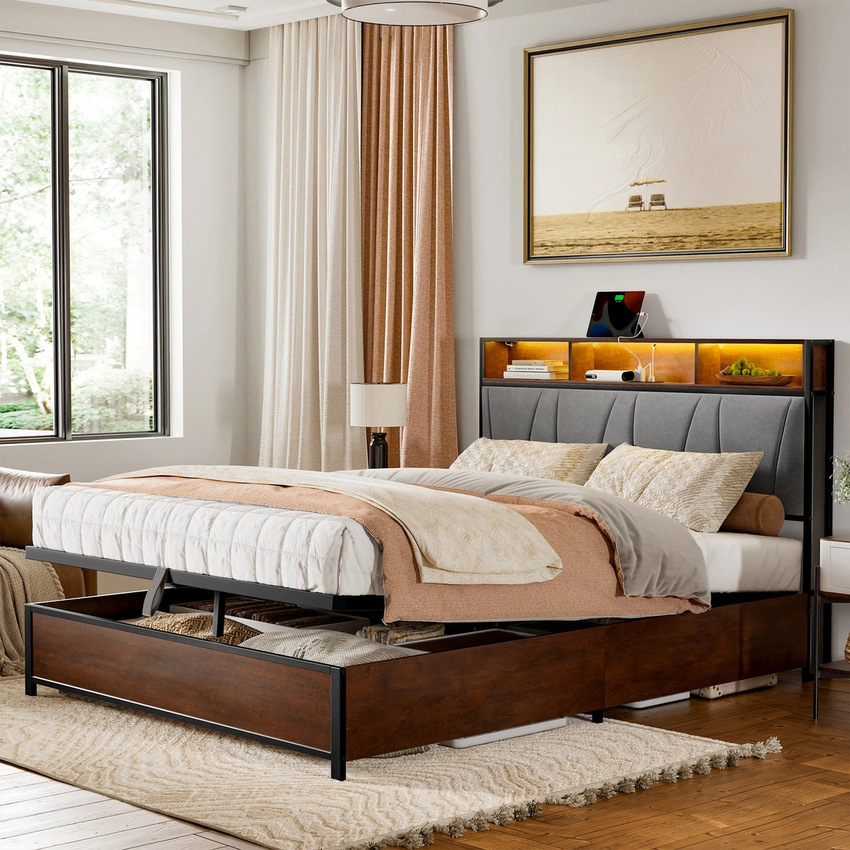 Full Size Lift Up Storage Platform Bed with Wingback Headboard Q4385