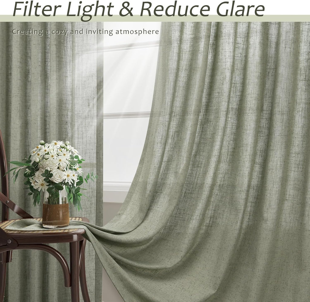 Sage Green Semi Sheer Linen Curtains 84 Inch Length 2 Panels Set Back Pocket 52x84 C6257