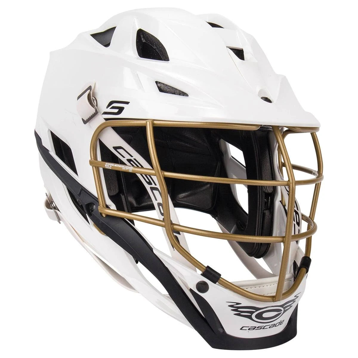 White Lacrosse Helmet with Metallic Gold Cage T345