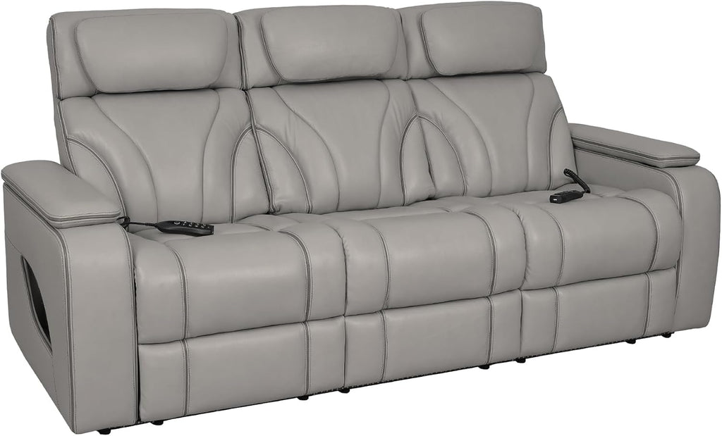 86" Wide Silver Gray Top Grain Leather Power Reclining Heated Massage Sofa Q298089