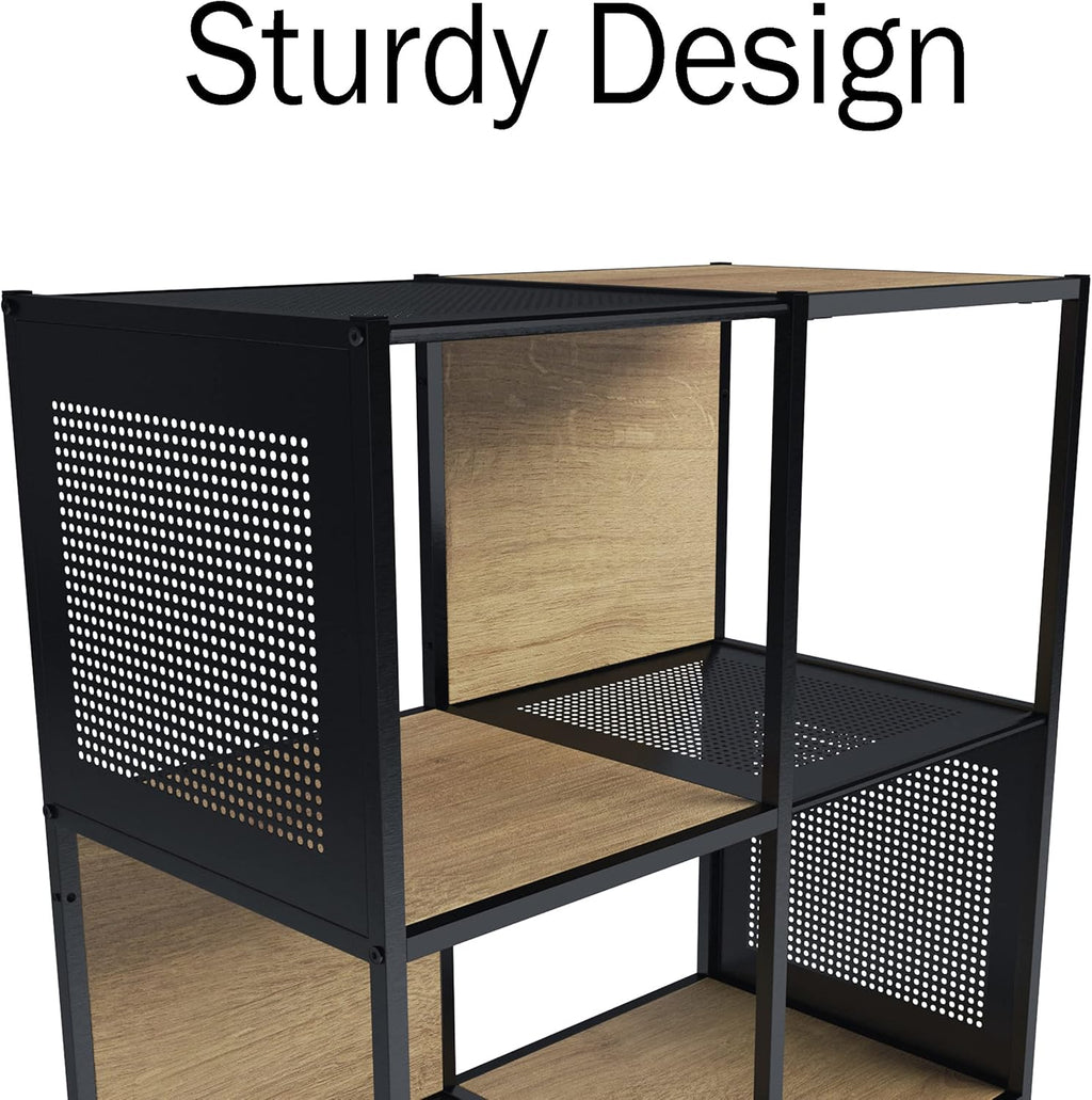 Oak and Black Wood and Metal Cube Storage Bookshelf M925196