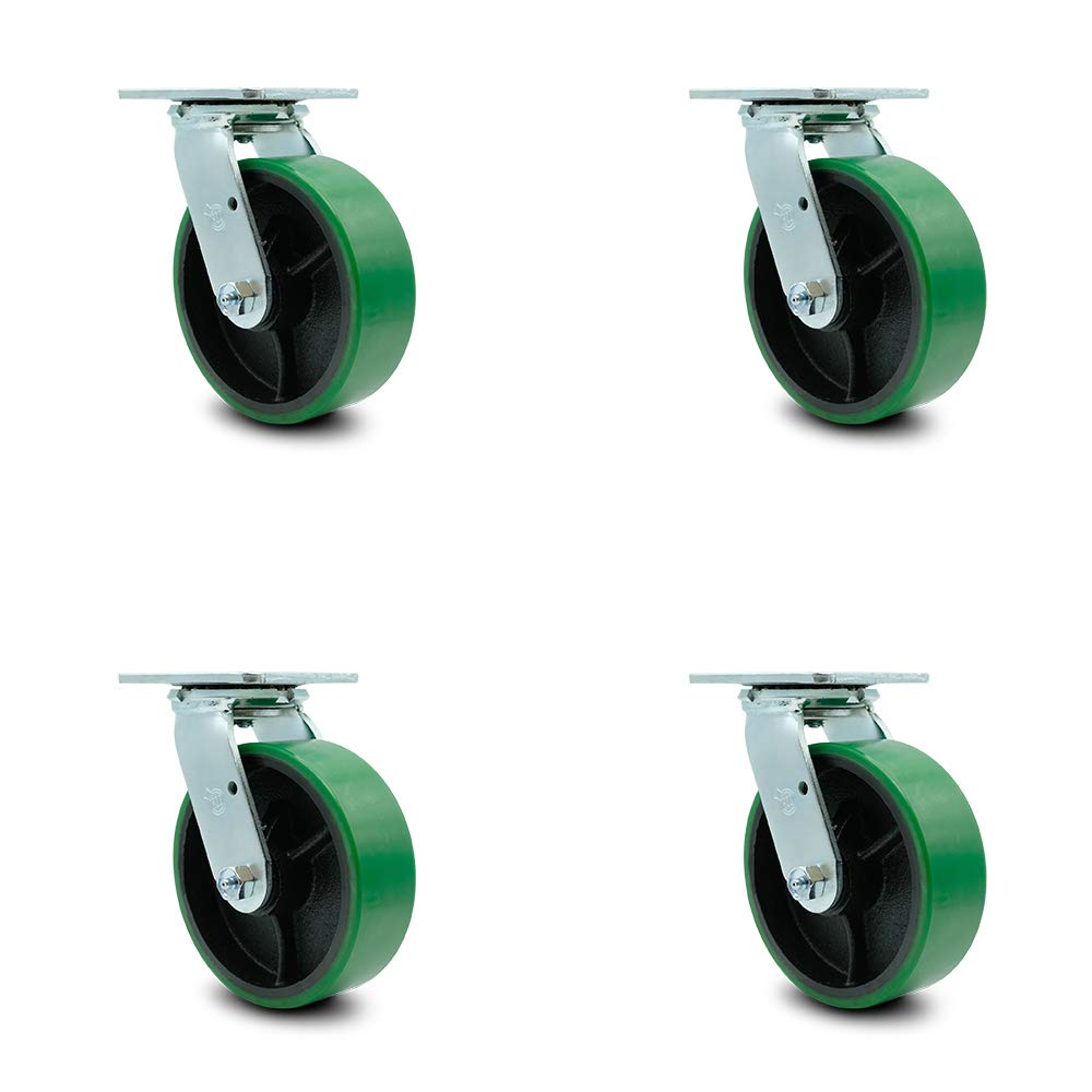 Polyurethane Cast Iron Swivel Caster with 8 x 2 Green Wheel and Brake, Pack of 2 I5738