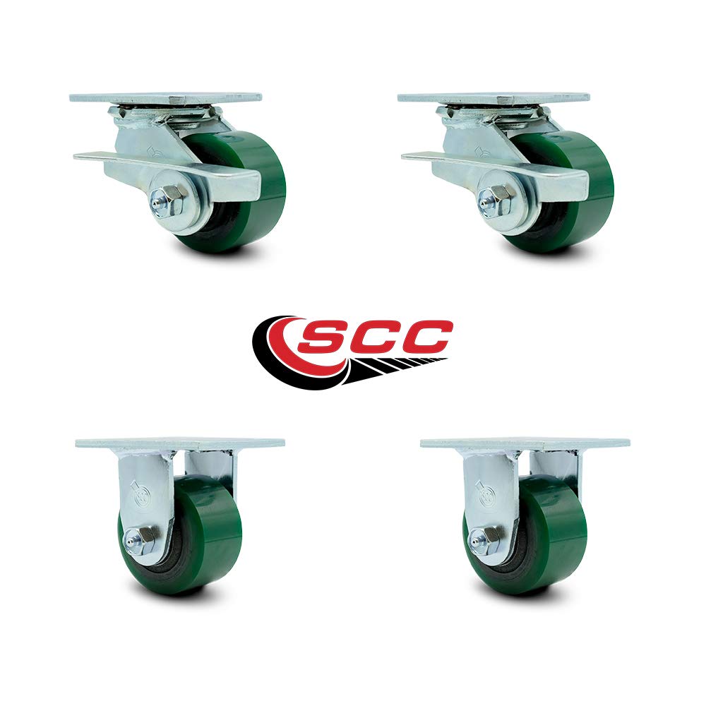 Polyurethane Cast Iron Swivel Caster with 8 x 2 Green Wheel and Brake, Pack of 2 I5738