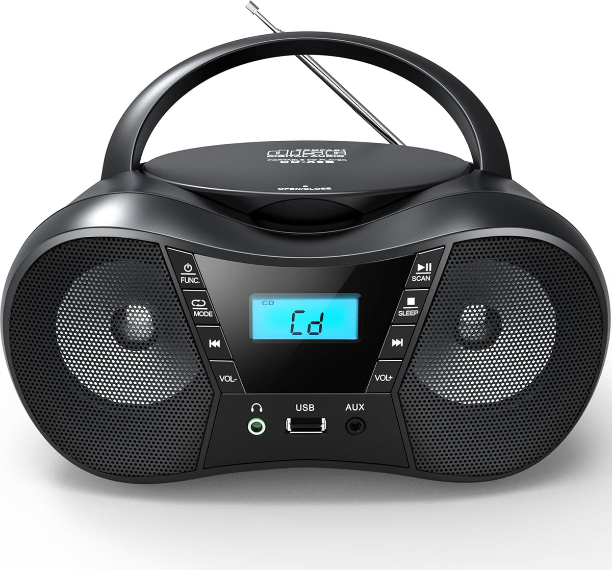 Portable CD Player Boombox with FM Radio, Bluetooth, LCD Display, USB/AUX Input, AC/Battery Powered N15896