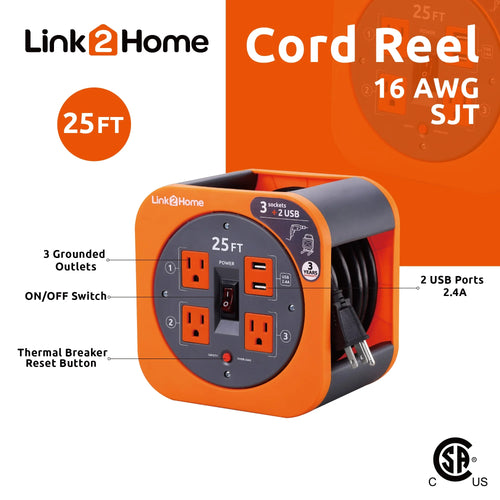 25 ft. Extension Cord 3 Power Outlets 2 USB Ports 16 AWG SJT Cable I56505