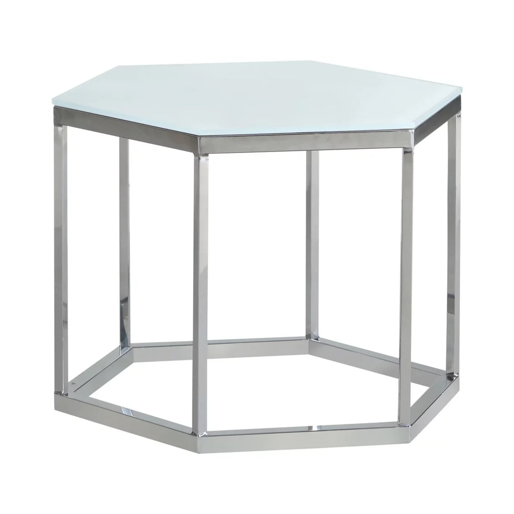 Hexagon Glass Top Accent Table White and Silver M2644