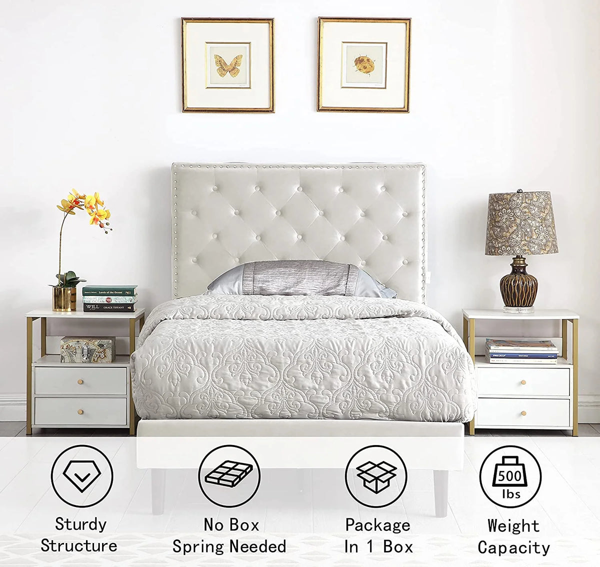 Gray Twin Upholstered Platform Bed Frame with Adjustable Headboard M7768