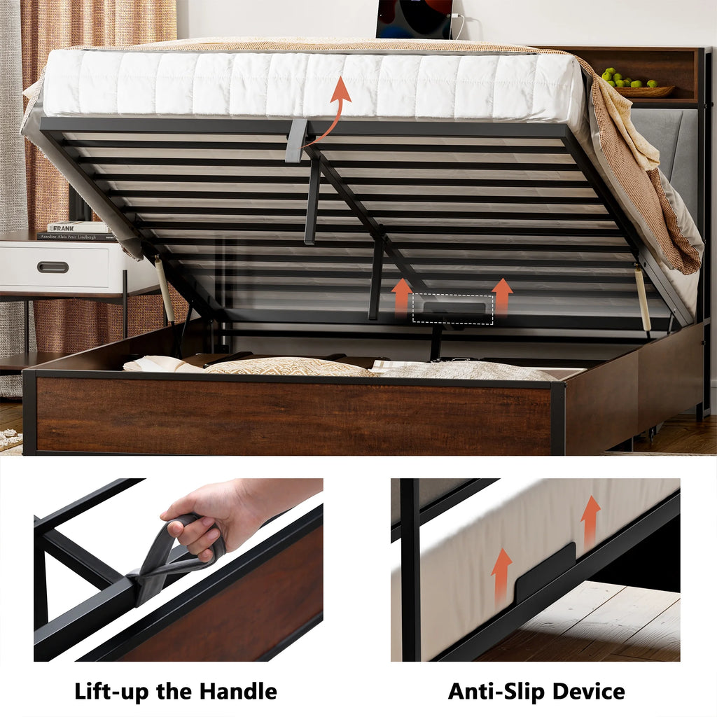 Full Size Lift Up Storage Platform Bed with Wingback Headboard Q4385