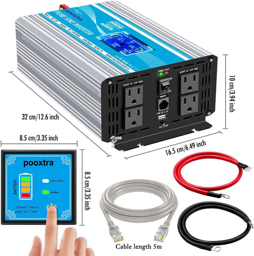 2000 Watt Pure Sine Wave Power Inverter 12V DC to 110V AC with LCD Display USB Port 4 AC Outlets P9331