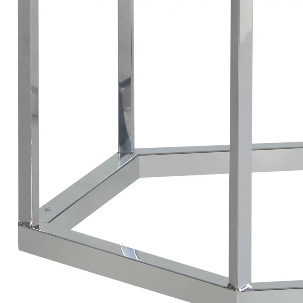 Hexagon Glass Top Accent Table White and Silver M2644