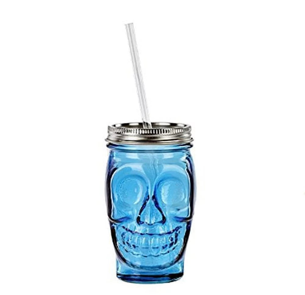 Sugar Skull Glass Tumbler with Straw D55988