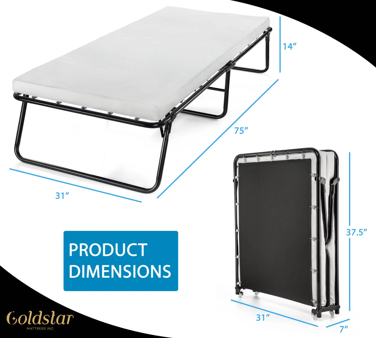 Folding Guest Bed with 3-Inch Foam Mattress and Caster Wheels V7599