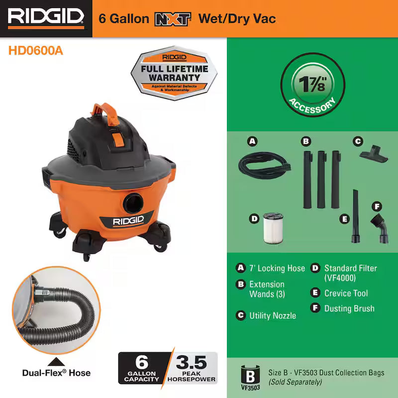 6 Gallon 3.5 Peak HP Wet/Dry Shop Vacuum with Filter, Hose, Wands, Nozzle, Crevice Tool and Dusting Brush F963