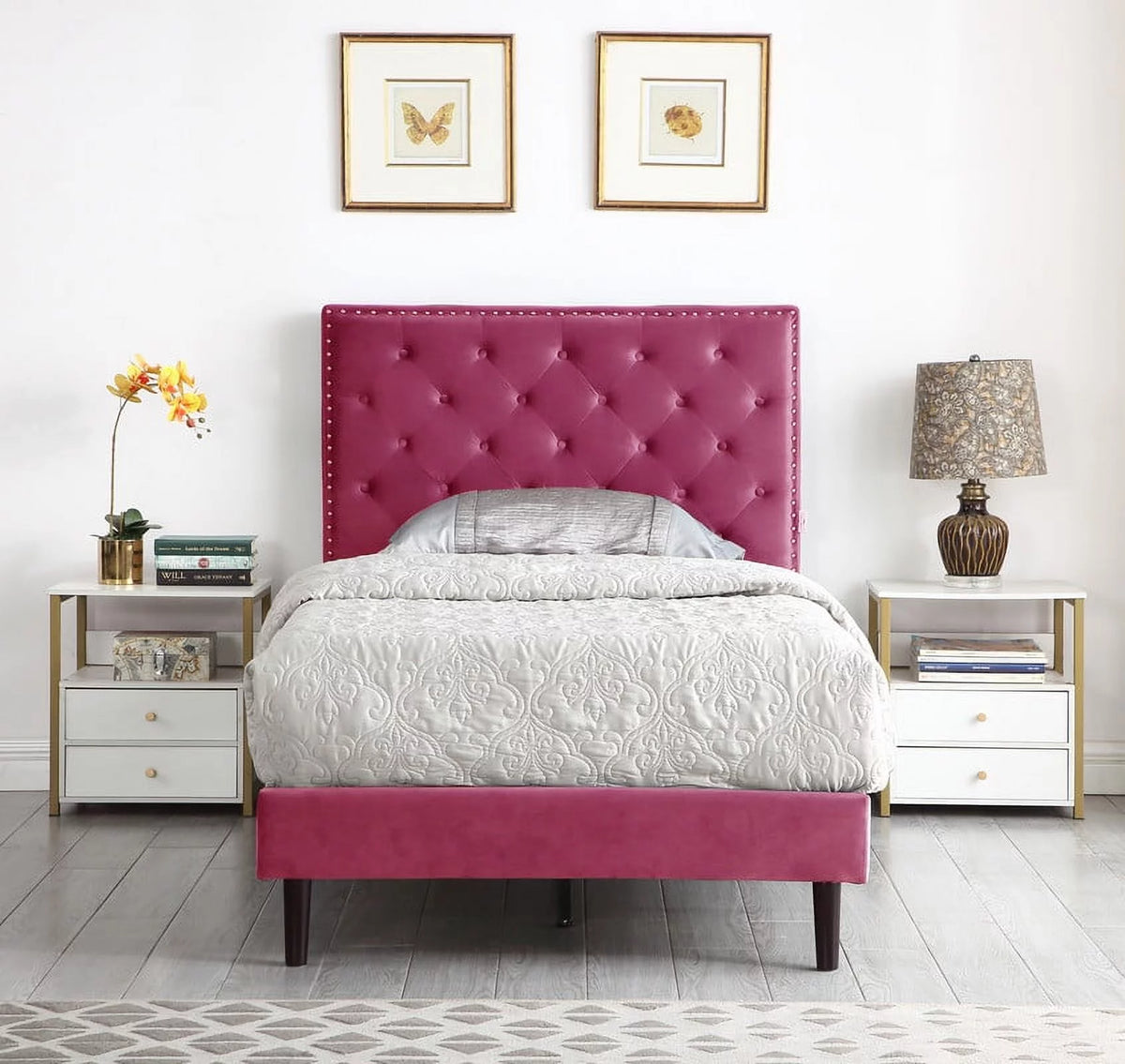 Gray Twin Upholstered Platform Bed Frame with Adjustable Headboard M7768