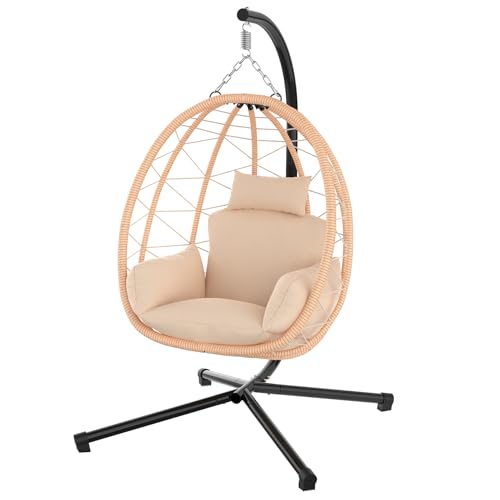 Hanging Egg Chair with Stand, UV Resistant Cushion & Pillow, 370lbs Capacity, Beige A176