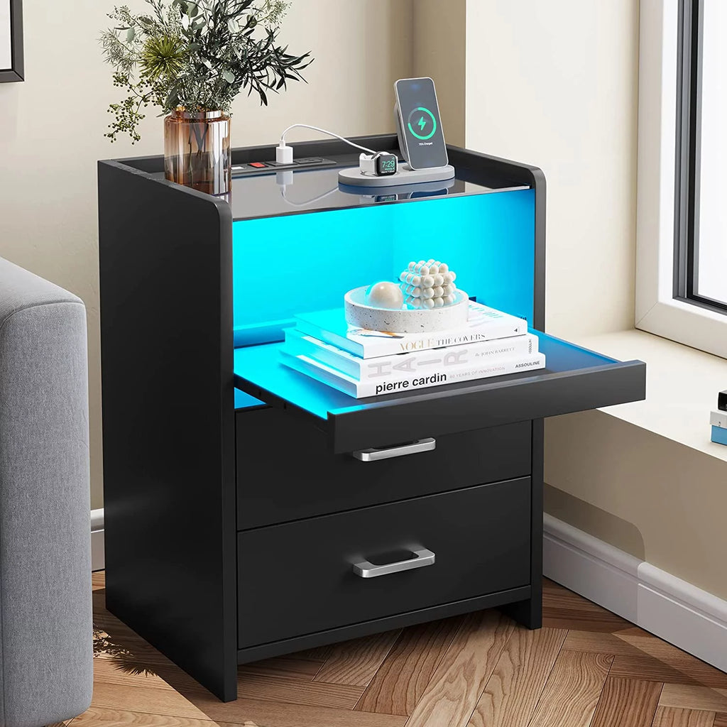 Black 2 Drawer Nightstand with Charging Station and LED Light V8945