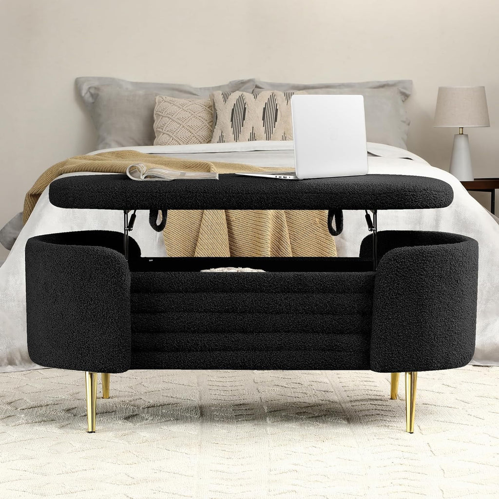Black Sherpa Fabric Storage Bench I768