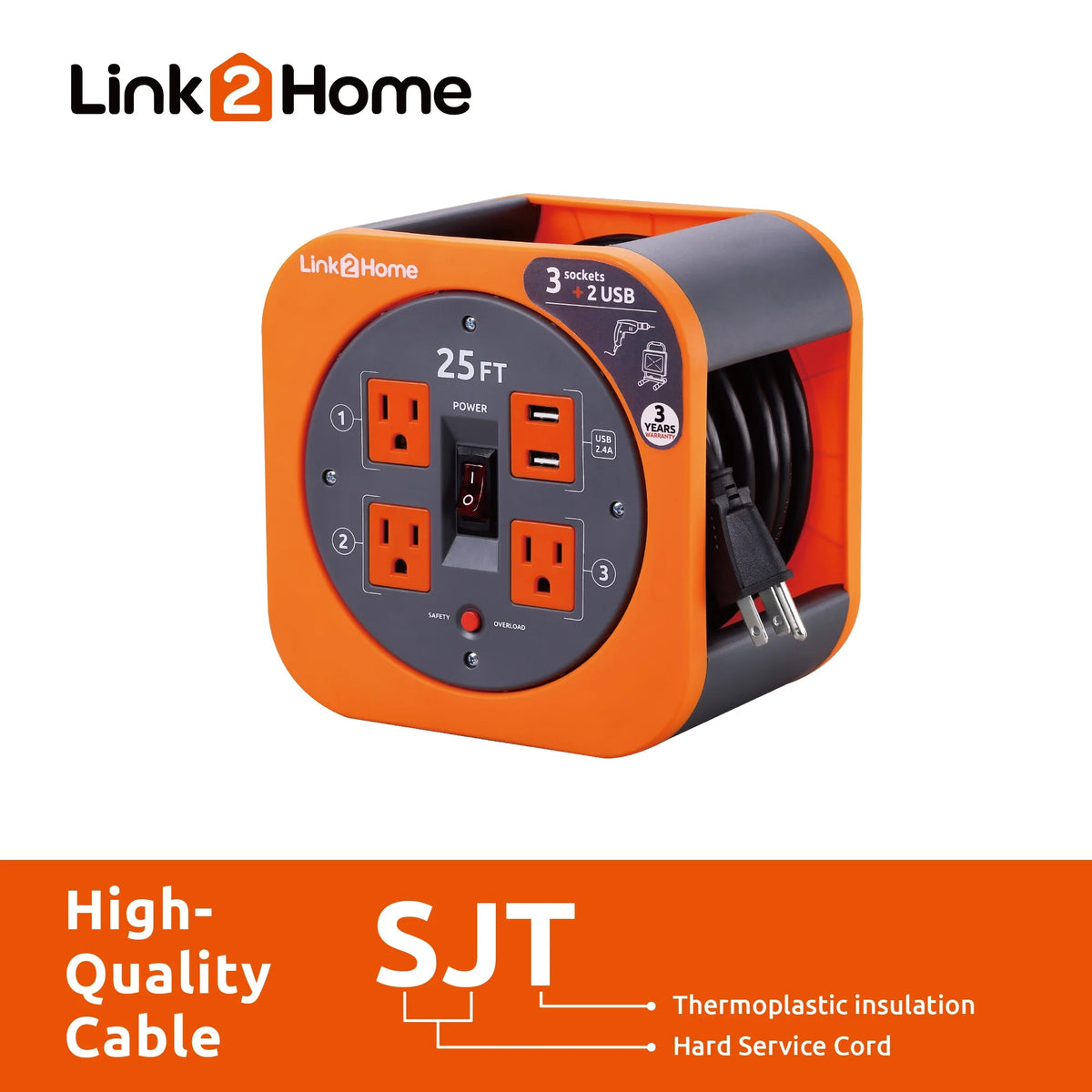 25 ft. Extension Cord 3 Power Outlets 2 USB Ports 16 AWG SJT Cable I56505
