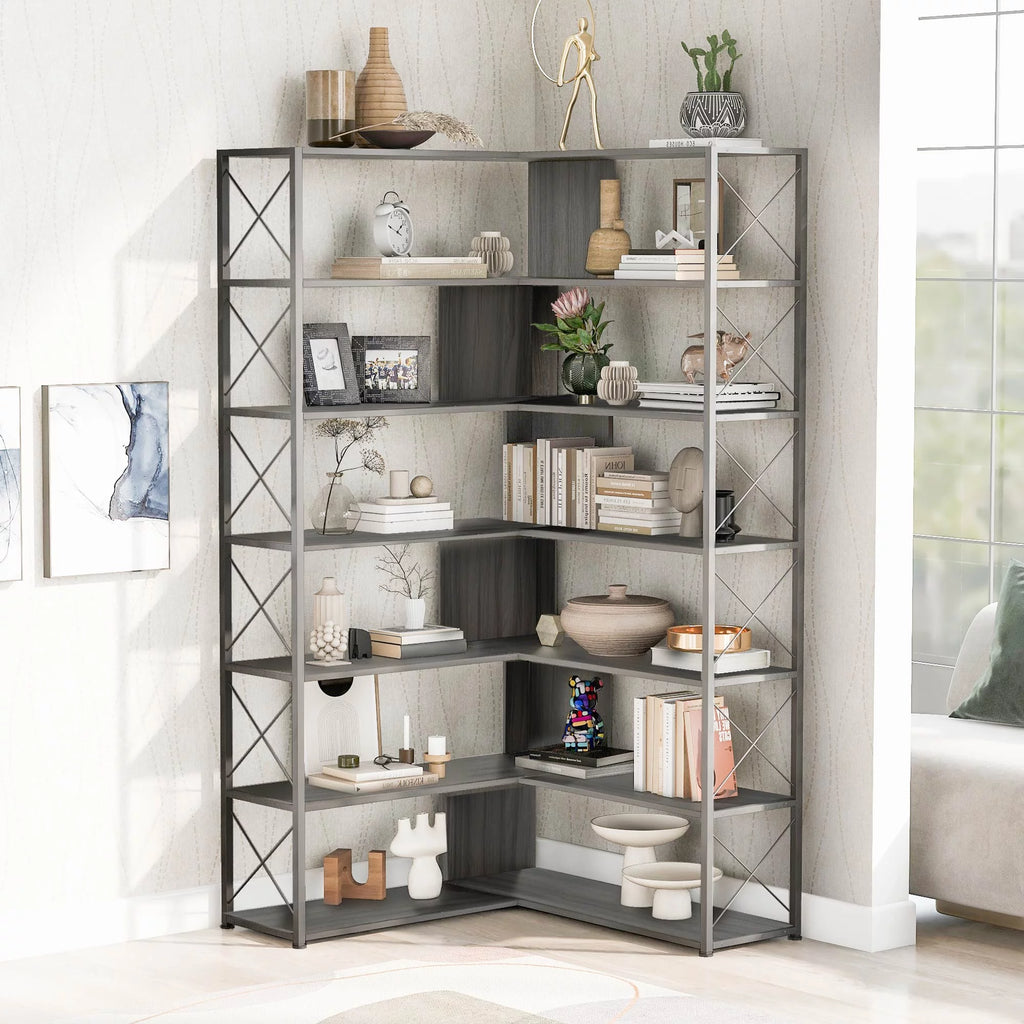 7 Tier L-Shaped Corner Bookshelf with Metal Frame Z437842