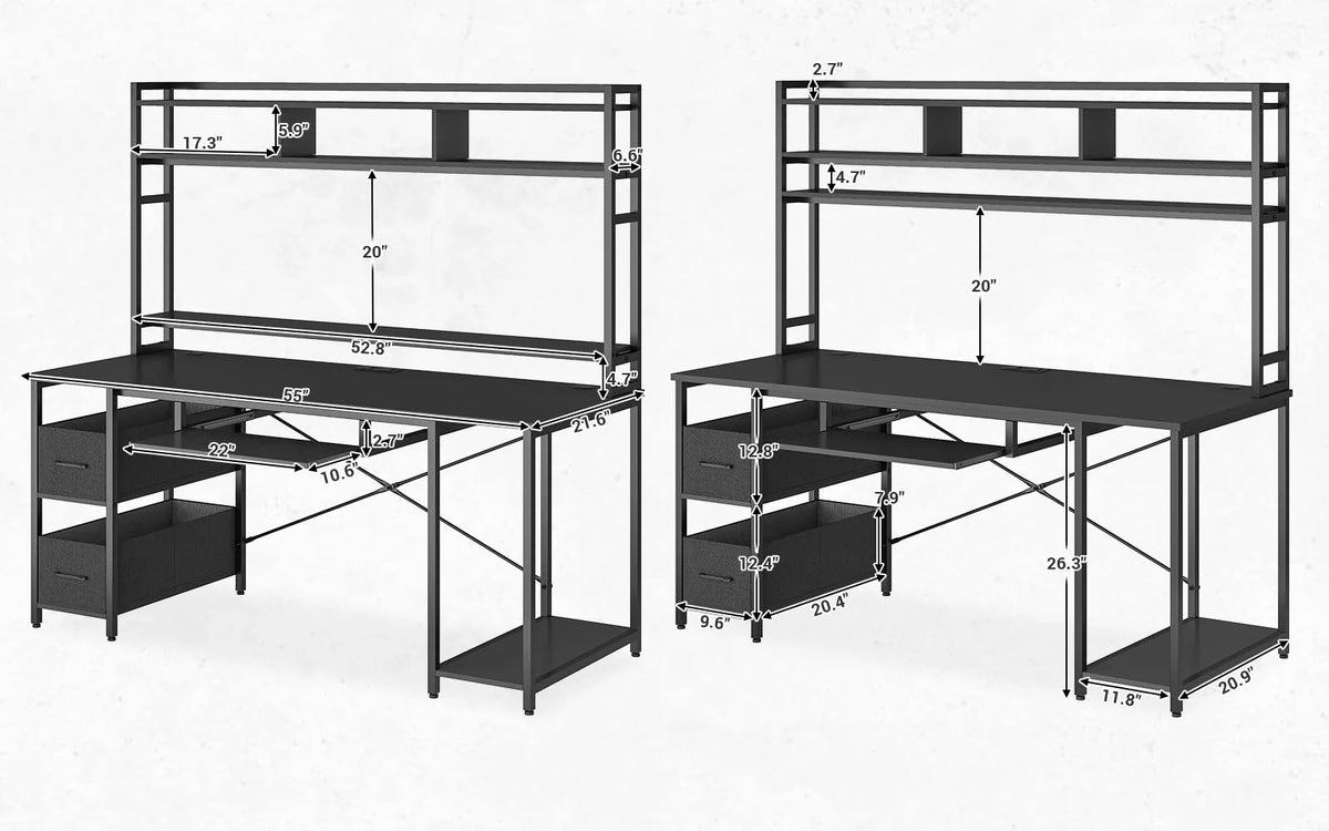 Black 55 inches Computer Gaming Desk with Bookshelf and 2 Drawers C9260