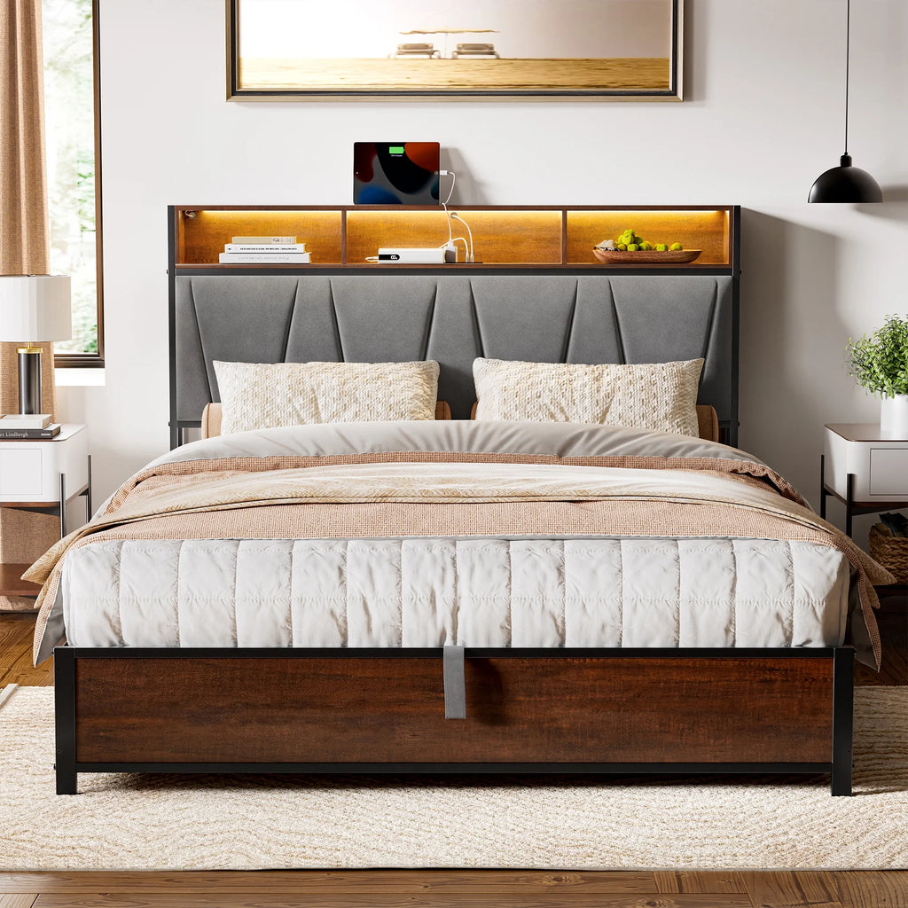 Full Size Lift Up Storage Platform Bed with Wingback Headboard Q4385