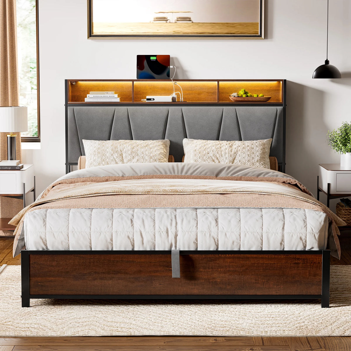 Full Size Lift Up Storage Platform Bed with Wingback Headboard Q4385