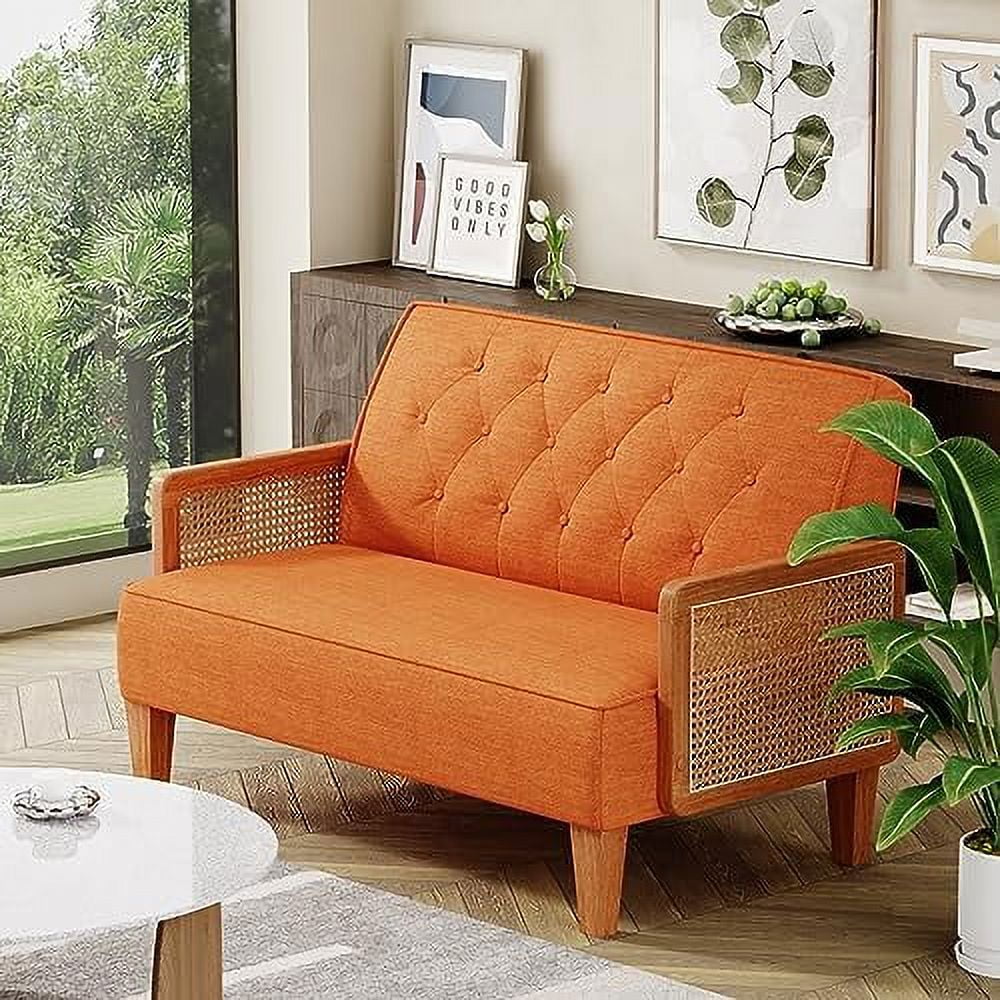 Light Grey Upholstered Loveseat with Rattan Armrest Z585