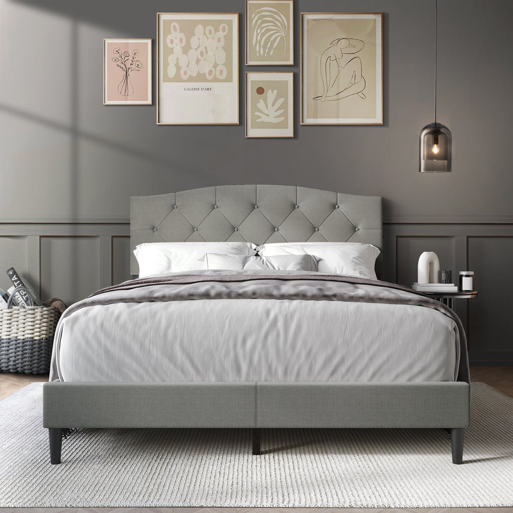 Beige Linen Upholstered Platform Bed O15875