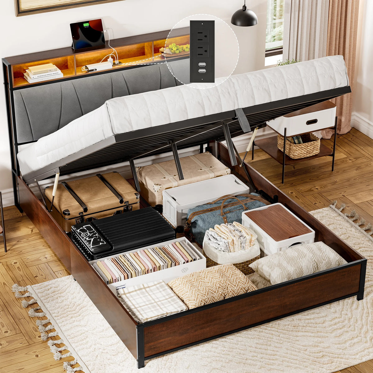 Full Size Lift Up Storage Platform Bed with Wingback Headboard Q4385