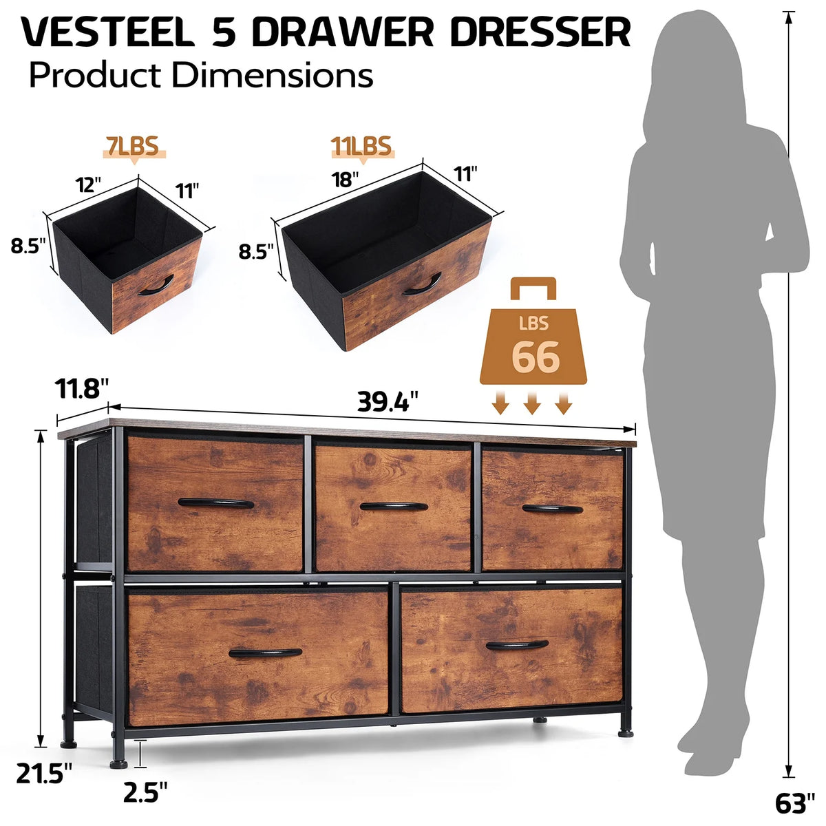 5 Drawer Fabric Dresser with Wood Top N75668