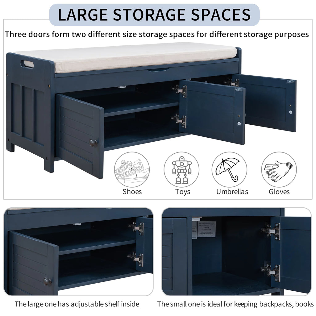 Navy Blue Wood Storage Bench with Removable Cushion and Shelves Z798057