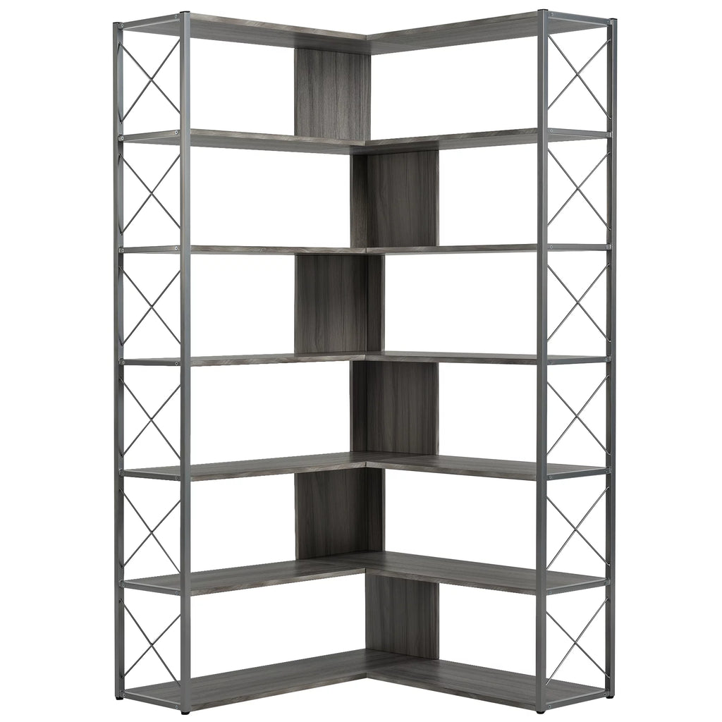 7 Tier L-Shaped Corner Bookshelf with Metal Frame Z437842