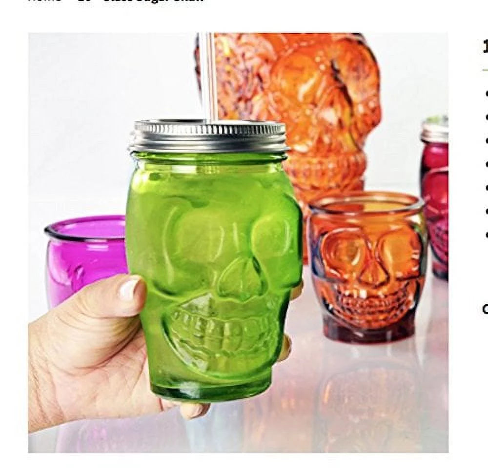 Sugar Skull Glass Tumbler with Straw D55988